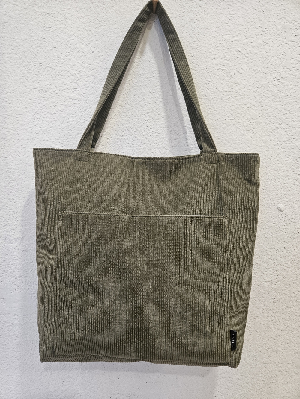 Prite Corduroy Tote Bag in Olive Green with Front Pocket
